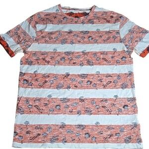 Point Zero Striped Cotton Crew Neck Tee, Casual Tropical, Orange White, Large